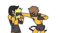 a cartoon of two superheros fighting each other with one wearing a mask