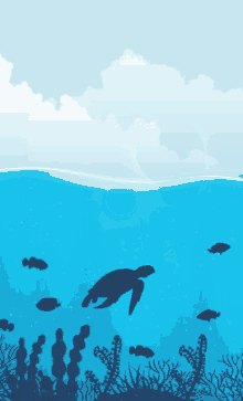 a turtle is swimming in the ocean surrounded by fish and seaweed