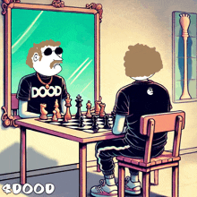 a cartoon of two men playing chess with one wearing a doood shirt