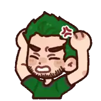 a cartoon of a man with green hair and a beard holding his head