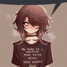 a girl wearing a t-shirt that says my body is a machine that turns dicks into sucked dicks