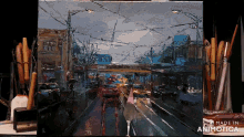 a painting of a city street is being made in animatica