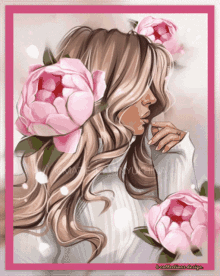a drawing of a woman with pink flowers on her head