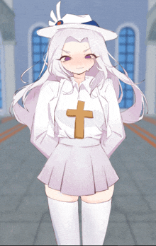 a girl with white hair and a white shirt with a cross on her chest