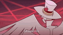 a cartoon character wearing a top hat with an apple on it is holding a trumpet .
