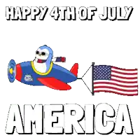 a penguin is flying a plane with an american flag attached to it and says happy 4th of july america