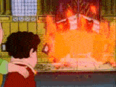 a cartoon of a man standing in front of a fireplace