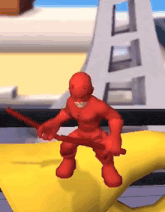 a cartoon character in a red suit is holding a sword