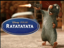 a rat pointing a gun in front of a sign that says ratatata