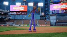 a cartoon character stands on a baseball field in front of a kaak ad