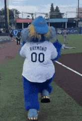 a mascot with raymond 00 on his jersey