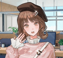 a drawing of a girl wearing a beret and a pink sweater with the letters x and x on it