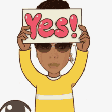 a woman in a yellow sweater is holding a sign that says yes