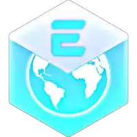 a blue cube with a globe and the letter e