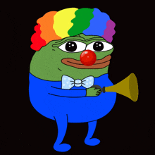 a cartoon frog dressed as a clown with a red nose and rainbow hair
