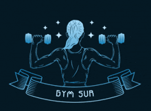 a drawing of a woman lifting dumbbells with the words gym sur on the ribbon