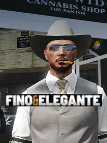 a man wearing a cowboy hat and sunglasses is standing in front of a cannabis shop