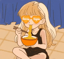 a girl wearing sunglasses that say seeing signs is eating noodles from a bowl with chopsticks .