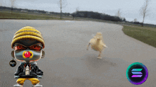 a cartoon character with a pacifier in his mouth is standing next to a duck on a road