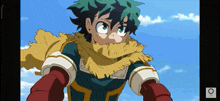 a cartoon character with green hair and a scarf around his neck stands in front of a blue sky