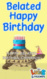 a turtle wearing a birthday hat and a cake with candles on it 's head .