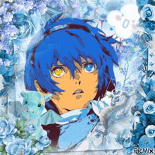 a picture of a boy with blue hair is surrounded by flowers and a dragon