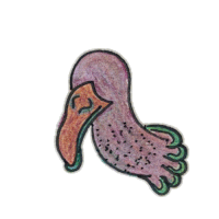 a drawing of a bird with a long beak and a green wing