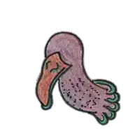 a drawing of a bird with a long beak and a green wing
