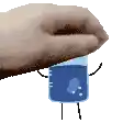 a hand is holding a cartoon character that looks like a cup of water with arms and legs .