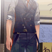 a man wearing a vest and tie is standing in front of a sign that says ' a ' on it