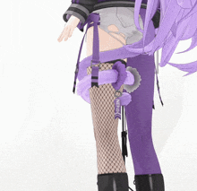 a purple anime character with a nerd tag on her thigh
