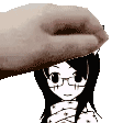 a hand is touching the head of a black and white anime girl .