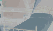 a cartoon of a woman making a bed with a canopy