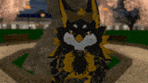 a black and yellow furry animal with a crown on its head is standing in a park