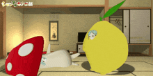a yellow lemon with a green leaf is in a room next to a red mushroom
