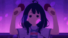 a girl with purple hair is holding a purple object