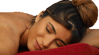 a woman with a bun on her head is laying on a red pillow
