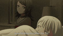 a picture of two anime girls with the words juno finding eva after hsr 3.3 below them
