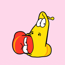 a cartoon of a yellow worm with a red tongue sticking out