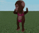 a monkey in a pink bikini is dancing on a purple background