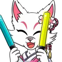 a cartoon drawing of a white cat holding a blue and yellow light stick