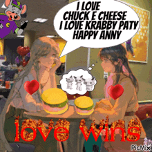 a picture of two girls sitting at a table with a speech bubble that says i love chuck e cheese