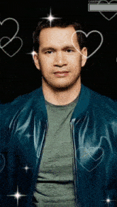 a man in a blue jacket with hearts around his face