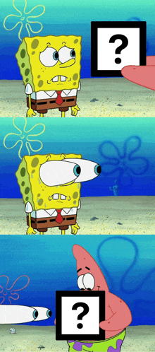 a cartoon of spongebob and patrick holding a sign with a question mark