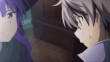 a boy and a girl are looking at each other and the girl has purple hair