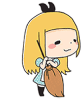 a cartoon girl with blonde hair is holding a broom and a bag .