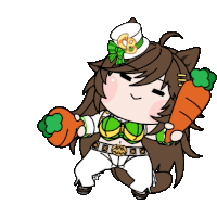 a cartoon drawing of a horse holding carrots with the letter b on her head