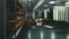 a warehouse with clothes hanging on racks and a sign that says " clothes "