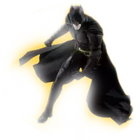 a man in a batman costume is flying through the air with a yellow background