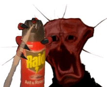 a red monster is holding a bottle of raid ant & roach spray